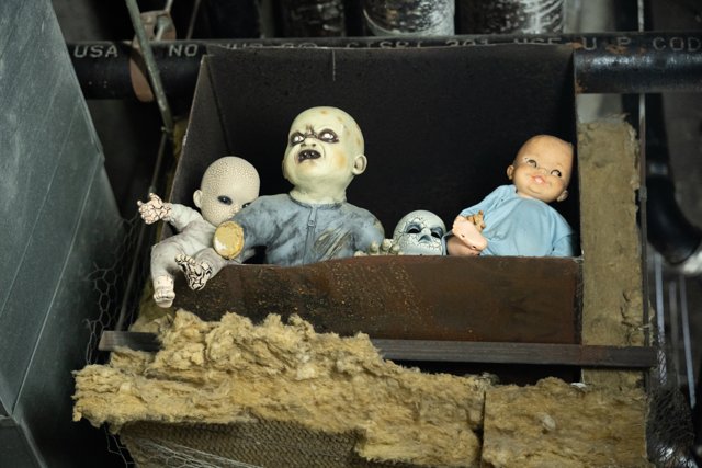 Small figures displayed beside backstage equipment
