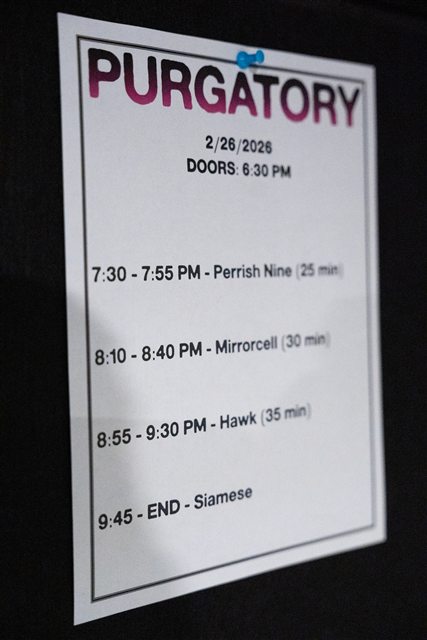 The Purgatory running order posted on a door