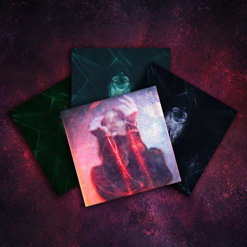 Four Perrish 9 song artworks arranged over a red and black textured background