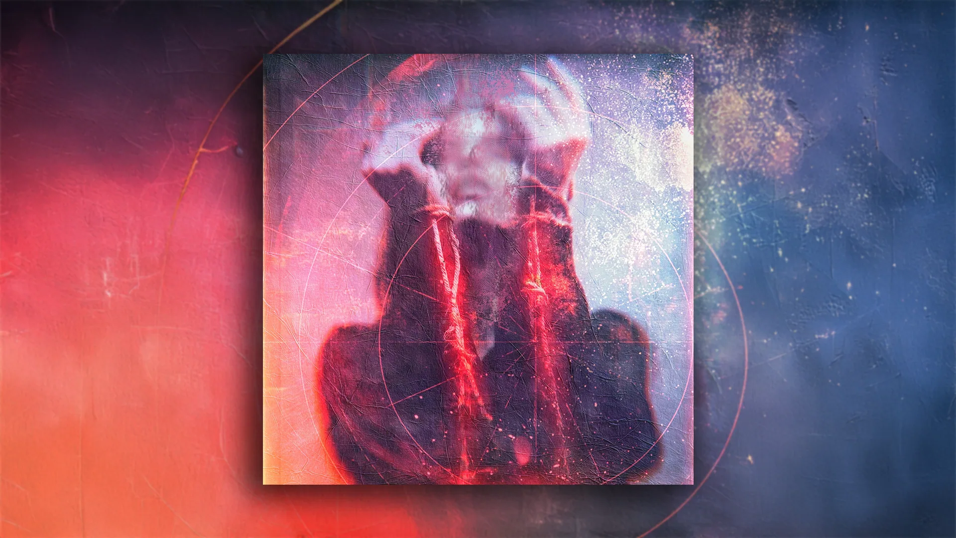 Red Thread album artwork centered within red and blue atmospheric textures